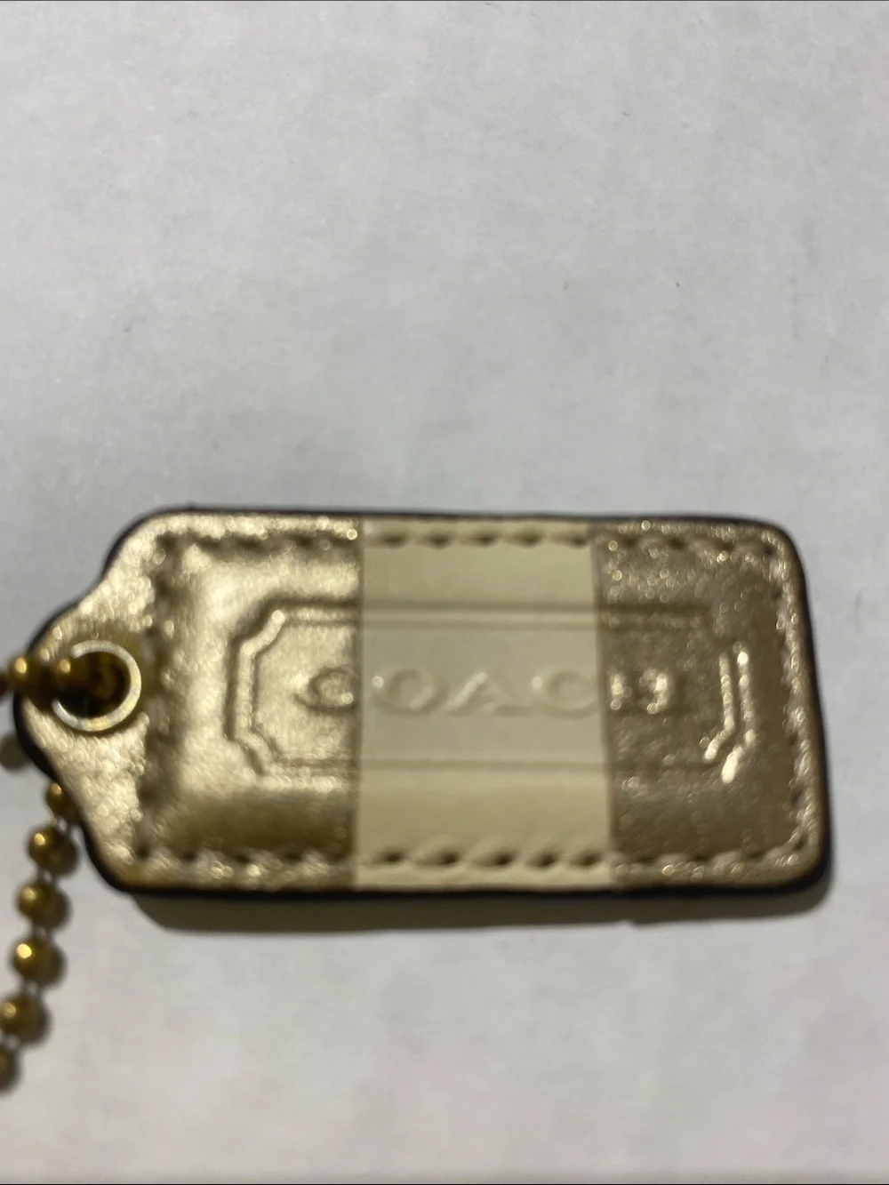 Vintage Rare y2k Coach Metallic Gold and Cream Leather Bag Tag with Gold Chain